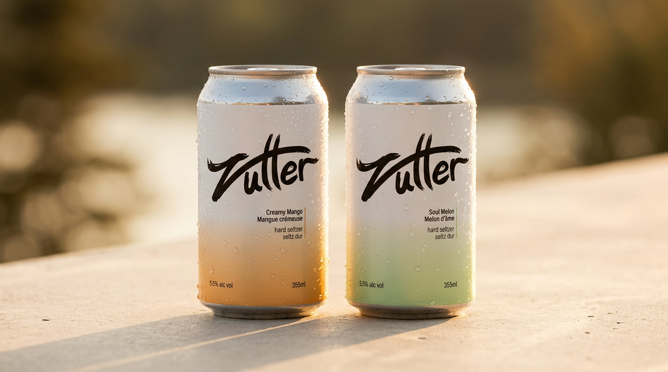 Zutter Creamy Mango and Soul Melon hard seltzer cans at golden hour